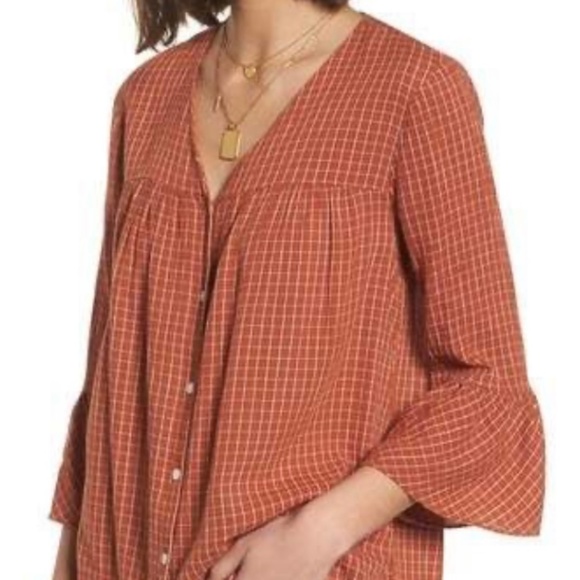 Madewell Tops - Madewell Veranda Bell- Sleeve Shirt in Windowpane V- Neck Buttoned  Size S